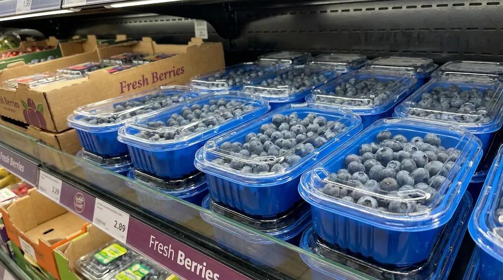 close up of 250g blueberries packed in blue base clamshell box on fresh berry shelf