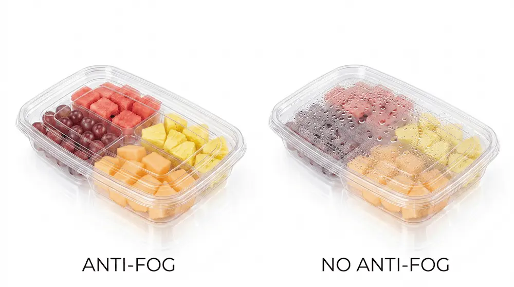 Anti-fog comparison for 27OZ 800ML Clear Four-Compartment Container with fresh-cut fruit