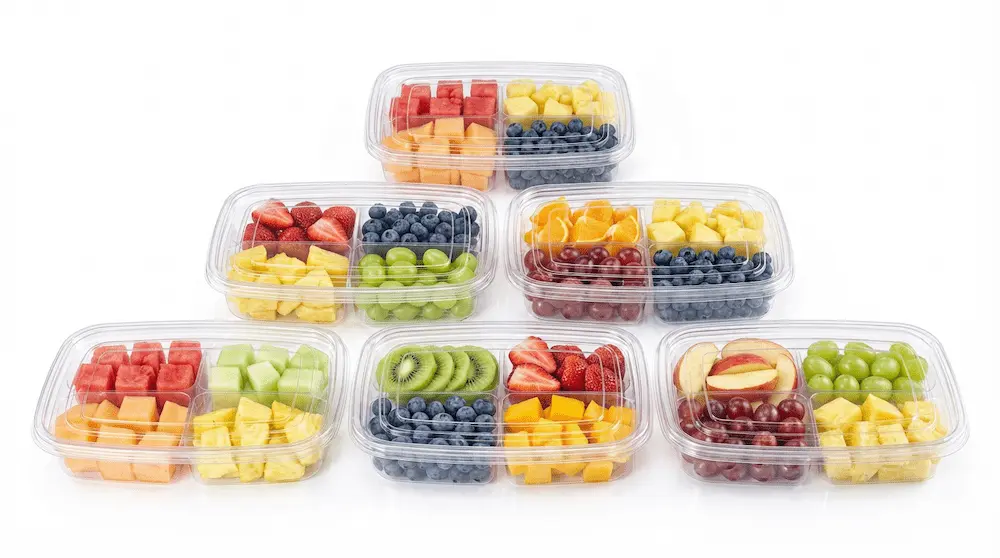 Assorted 27OZ 800ML Clear Four-Compartment Containers displayed with multiple fresh fruit combinations