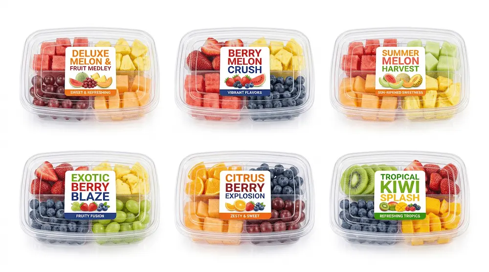 27OZ 800ML Clear Four-Compartment Container fruit label range display
