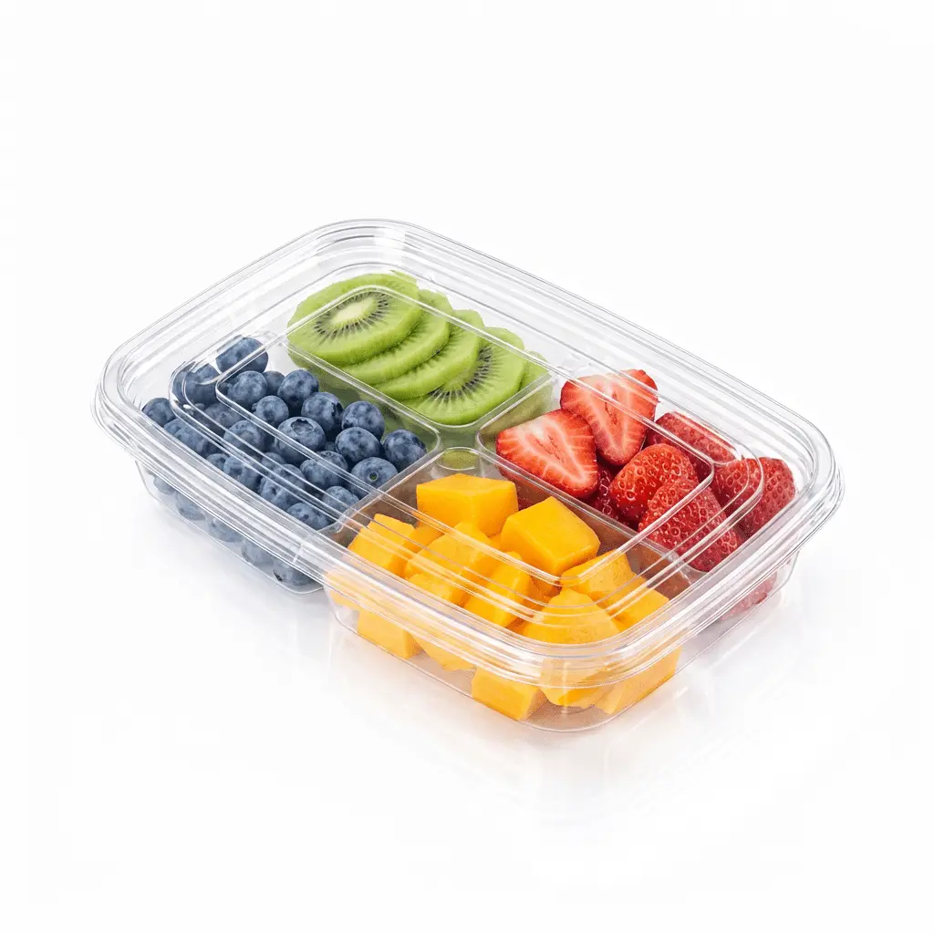 27OZ 800ML Clear Four-Compartment Container with kiwi slices, strawberries, blueberries, and mango cubes