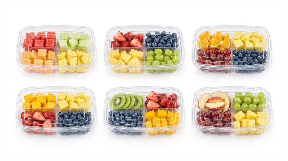 Six application views of 27OZ 800ML Clear Four-Compartment Containers for fresh fruit packaging
