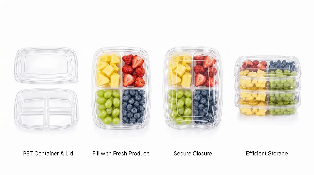 Usage process of 27OZ 800ML Clear Four-Compartment Container from PET lid and base to efficient storage