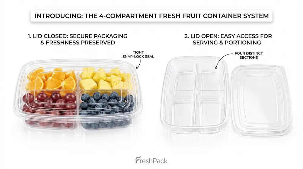 Product introduction diagram for 27OZ 800ML Clear Four-Compartment Fresh Fruit Container System