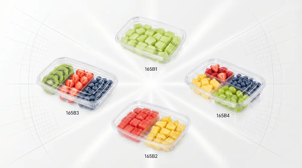 27OZ 800ML Clear PET Fruit Container Series showing 165B1 single-compartment, 165B2 two-compartment, 165B3 three-compartment, and 165B4 four-compartment containers