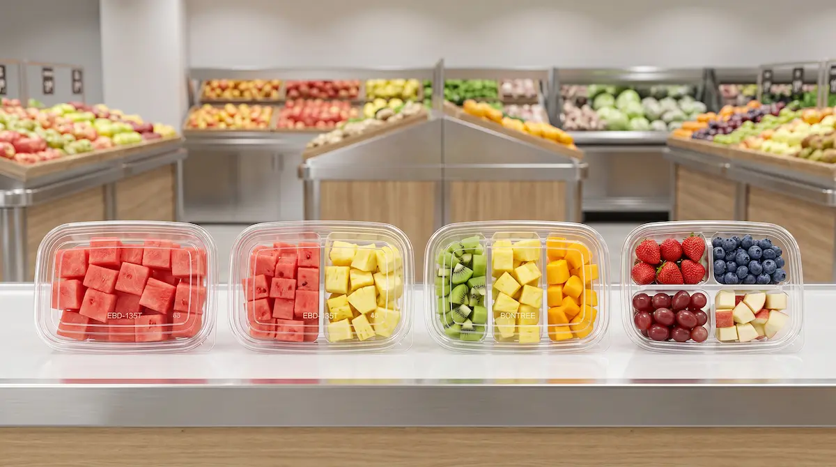 Shoppers selecting clear RPET PET snack containers for apple slices, grapes, and fresh-cut fruit in supermarket