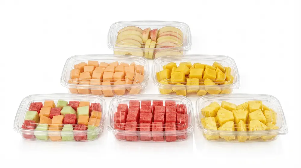 Stackable 27OZ 800ML Clear Single-Compartment Containers filled with assorted fresh-cut fruit
