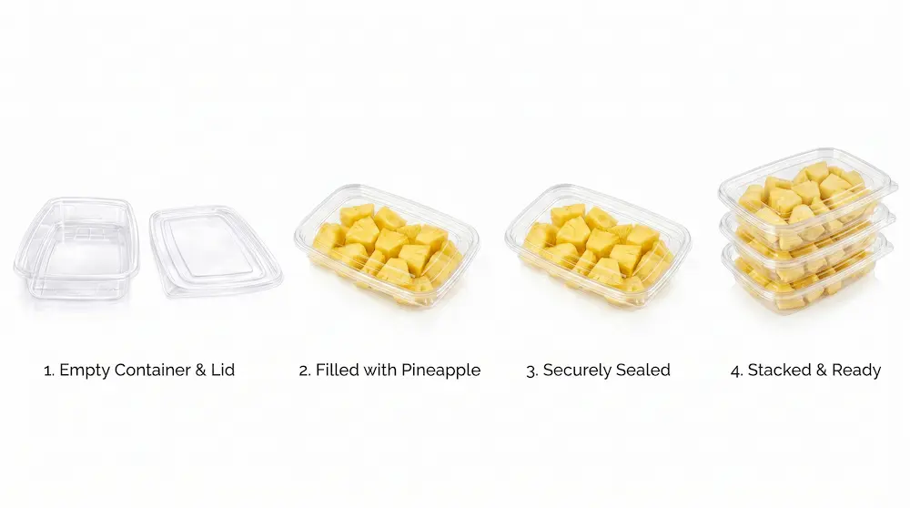 Usage process of 27OZ 800ML Clear Single-Compartment Container from empty base to stacked fruit pack