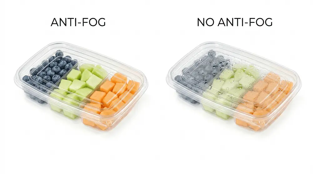 Anti-fog comparison for 27OZ 800ML Clear Three-Compartment Container with fresh-cut fruit