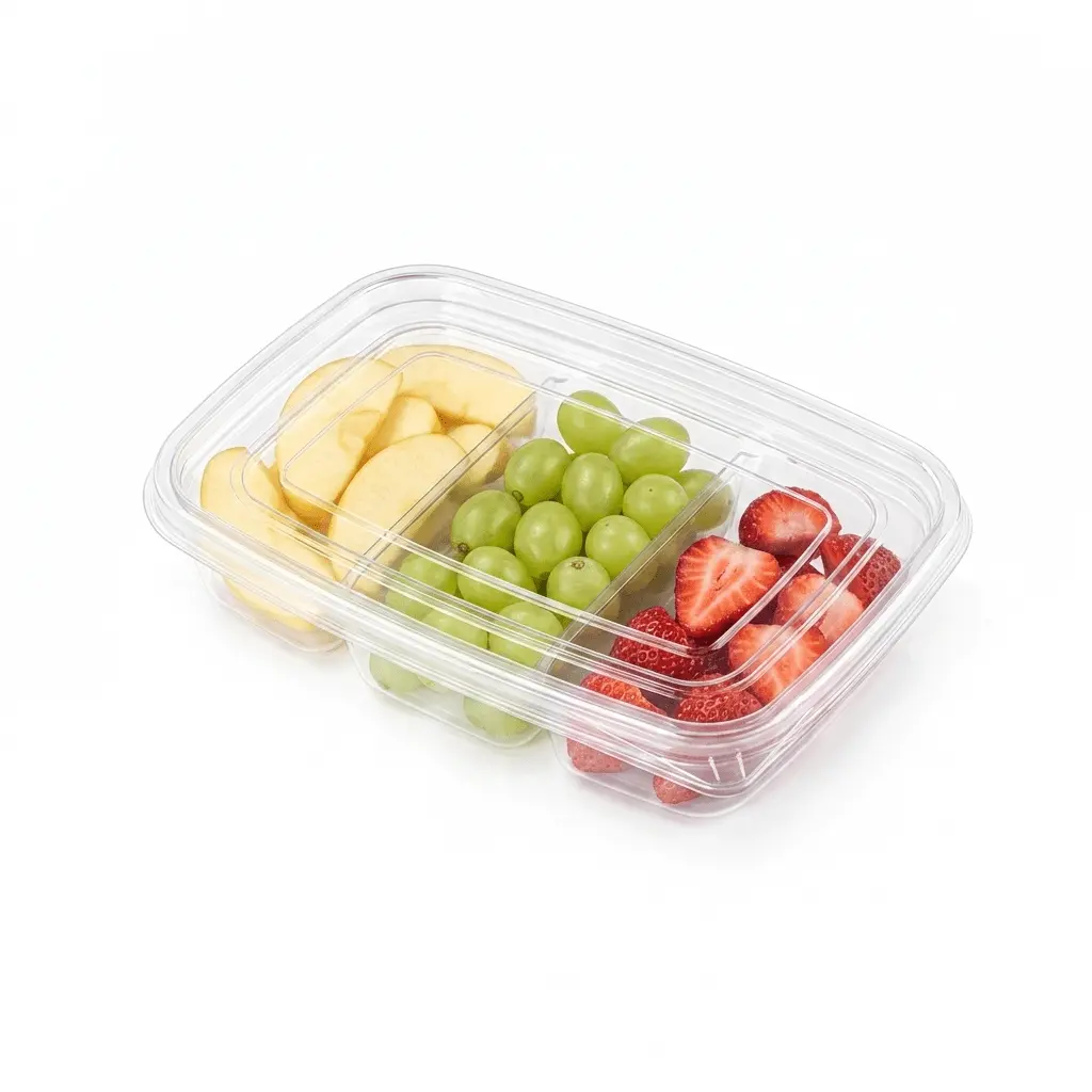27oz-800ml-clear-three-compartment-container-apple-green-grapes-strawberry 27OZ 800ML Clear Three-Compartment Container with apple slices, green grapes, and strawberries
