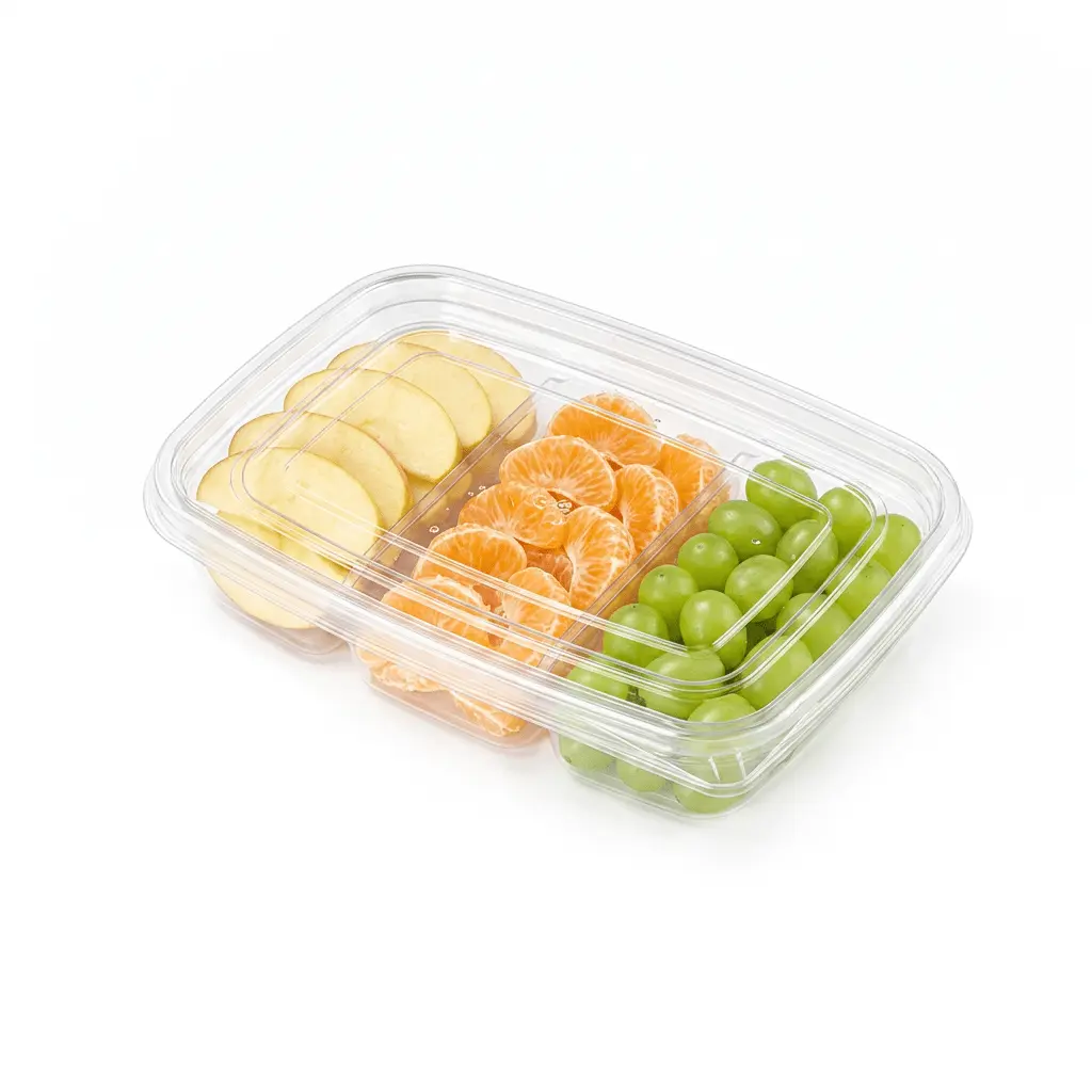 27oz-800ml-clear-three-compartment-container-apple-orange-green-grapes 27OZ 800ML Clear Three-Compartment Container packed with apple slices, orange segments, and green grapes