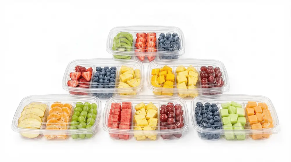 Assorted 27OZ 800ML Clear Three-Compartment Containers displayed with multiple fresh fruit combinations