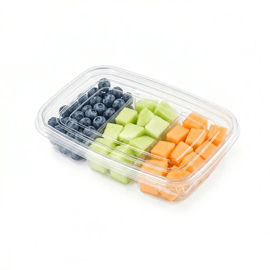 27OZ 800ML Clear Three-Compartment Container packed with blueberries, honeydew cubes, and cantaloupe cubes