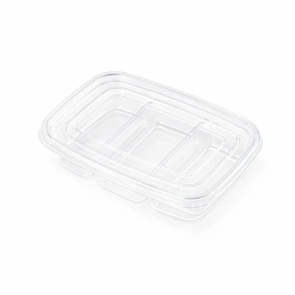 27oz-800ml-clear-three-compartment-container-empty-clear-pet Empty 27OZ 800ML Clear Three-Compartment Container with separate PET lid and divided base