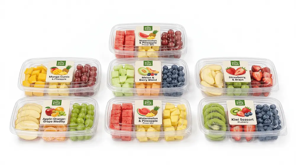 27OZ 800ML Clear Three-Compartment Container fruit label range display
