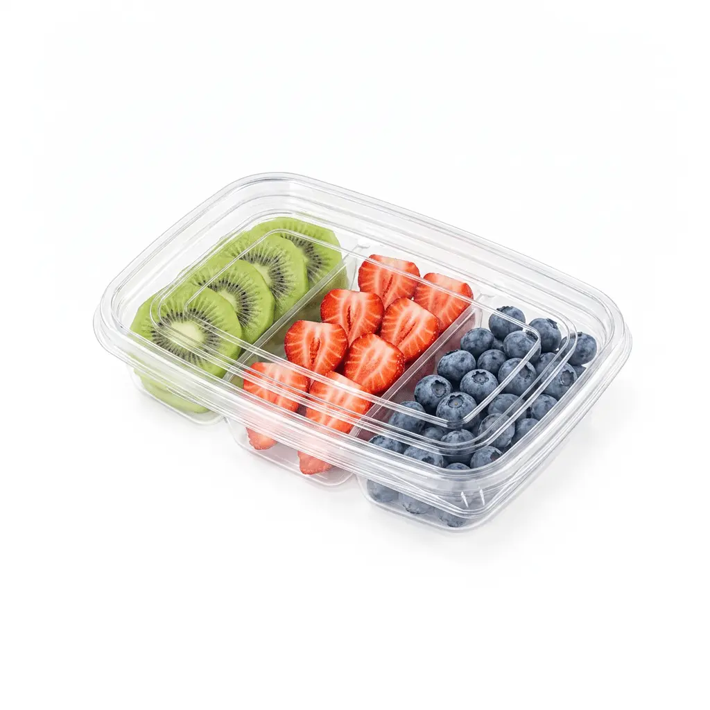 27oz-800ml-clear-three-compartment-container-kiwi-strawberry-blueberry 27OZ 800ML Clear Three-Compartment Container filled with kiwi slices, strawberries, and blueberries