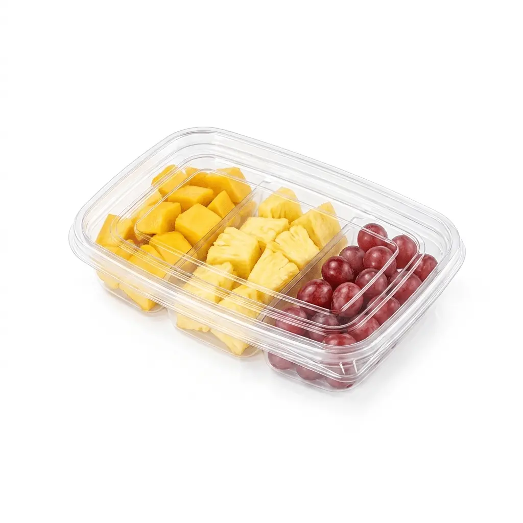 27oz-800ml-clear-three-compartment-container-mango-pineapple-red-grapes 27OZ 800ML Clear Three-Compartment Container filled with mango cubes, pineapple chunks, and red grapes