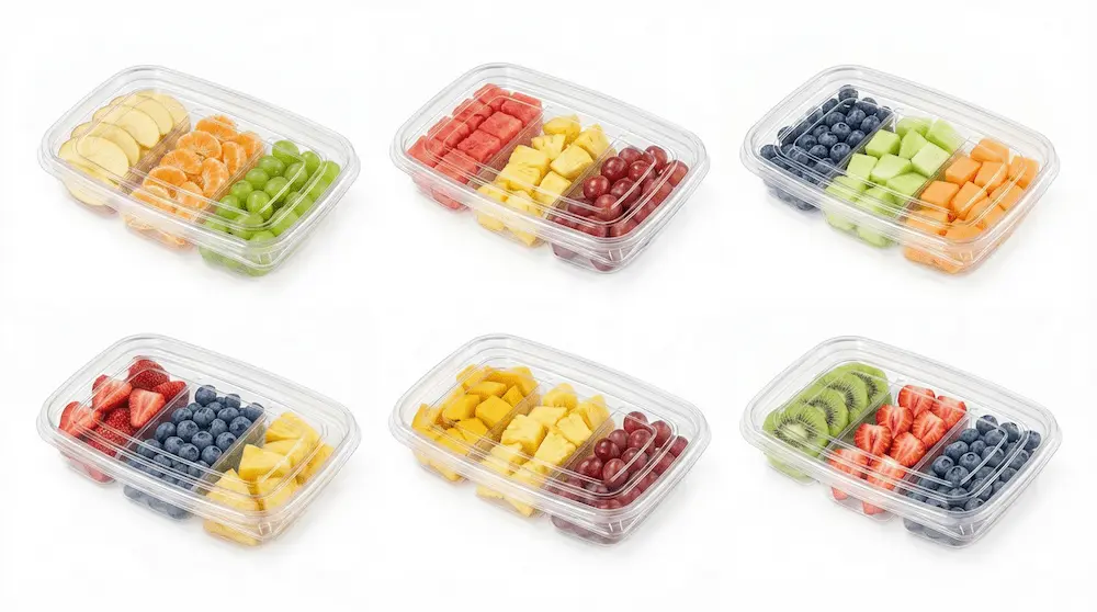 Six application views of 27OZ 800ML Clear Three-Compartment Containers for fresh fruit packaging