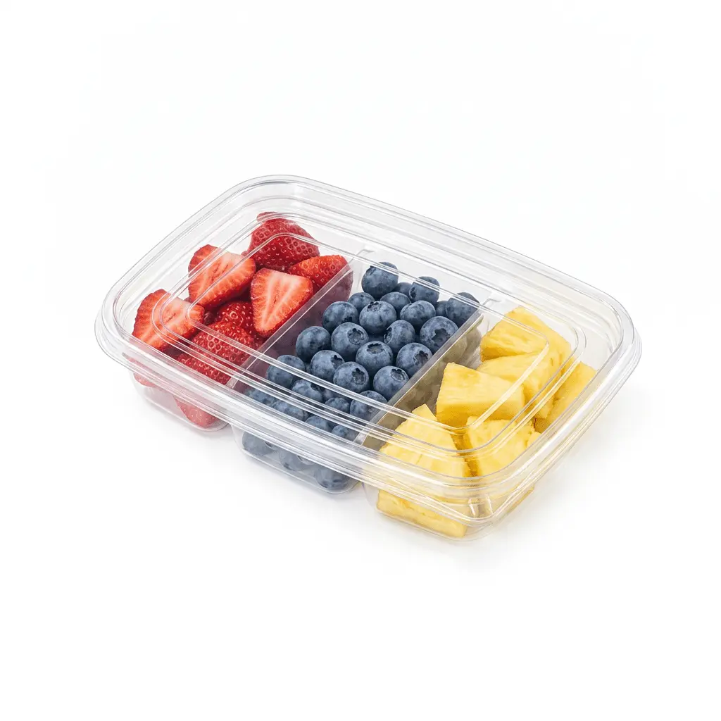 27oz-800ml-clear-three-compartment-container-strawberry-blueberry-pineapple 27OZ 800ML Clear Three-Compartment Container with strawberries, blueberries, and pineapple chunks for fresh fruit packaging