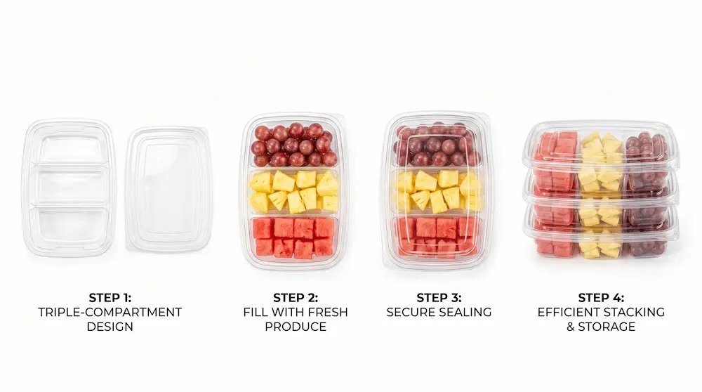 Usage process of 27OZ 800ML Clear Three-Compartment Container from filling to efficient stacking