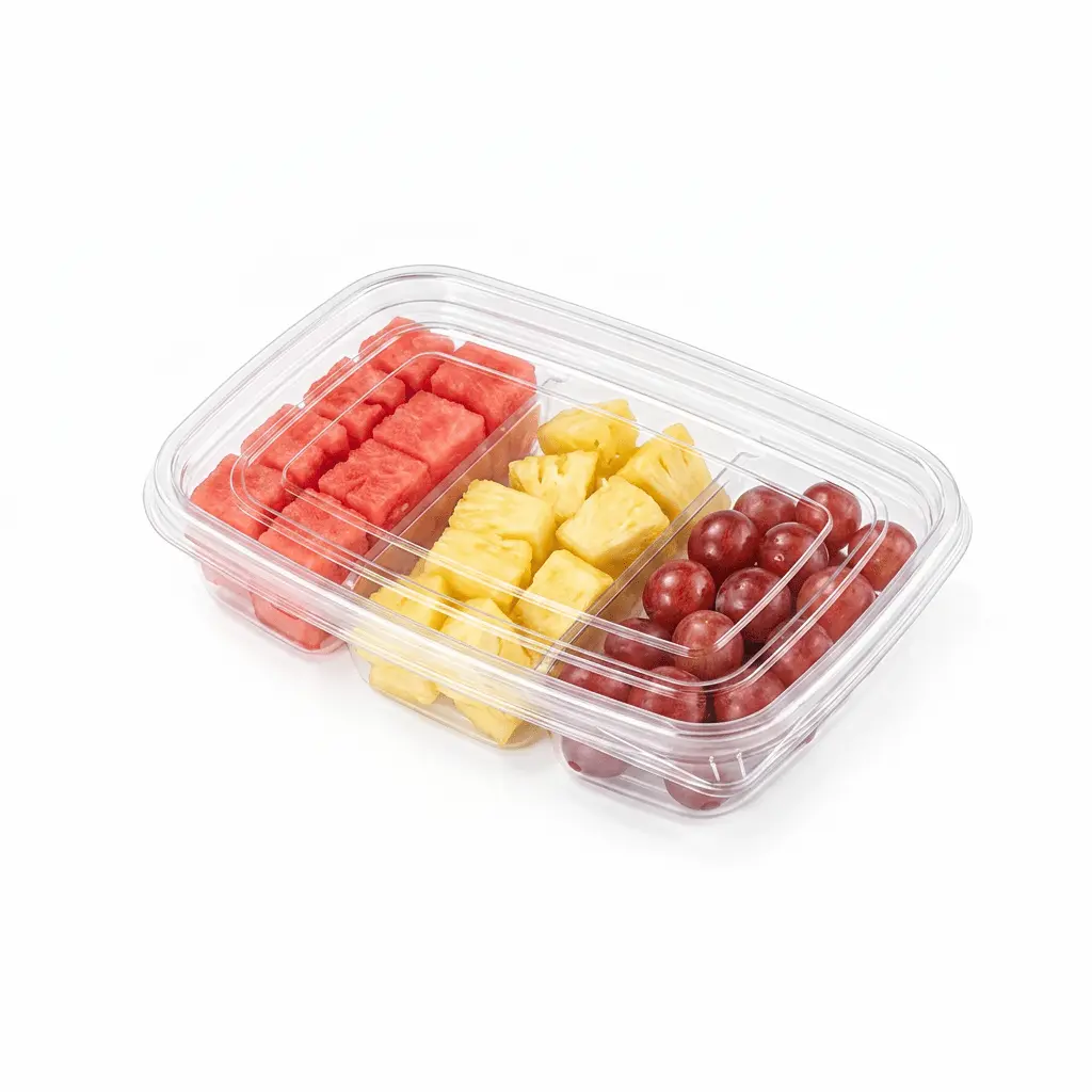 27oz-800ml-clear-three-compartment-container-watermelon-pineapple-red-grapes 27OZ 800ML Clear Three-Compartment Container filled with watermelon cubes, pineapple chunks, and red grapes