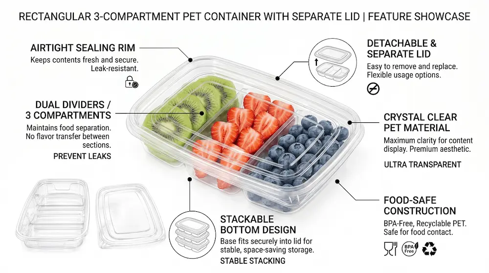 Feature showcase for 27OZ 800ML Clear Three-Compartment PET Container with Separate Lid