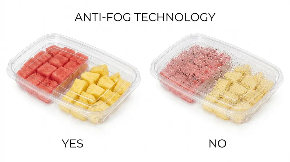 Anti-fog technology comparison for 27OZ 800ML Clear Two-Compartment Container with fresh-cut fruit