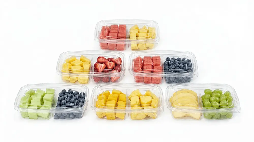 Assorted 27OZ 800ML Clear Two-Compartment Containers displayed with multiple fresh fruit combinations