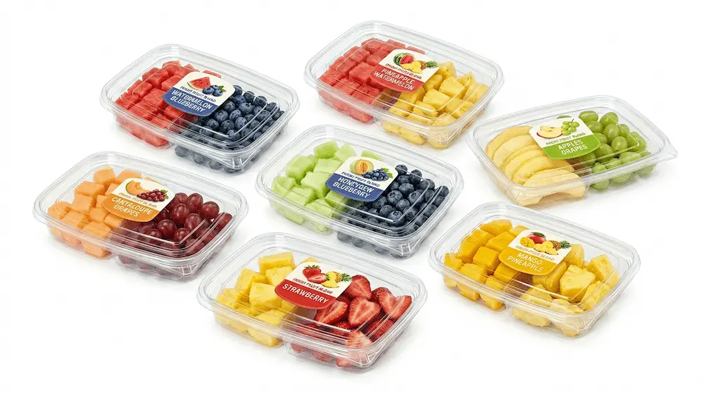 27OZ 800ML Clear Two-Compartment Container fruit label range display