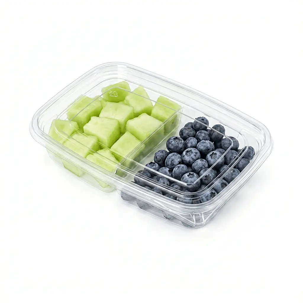 27OZ 800ML Clear Two-Compartment Container packed with honeydew cubes and blueberries for fresh-cut fruit packaging