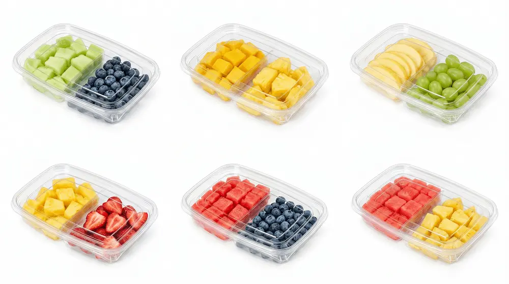 Six application views of 27OZ 800ML Clear Two-Compartment Containers for fresh fruit packaging