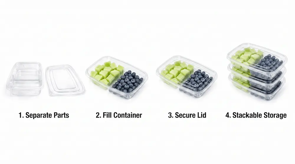 Usage process of 27OZ 800ML Clear Two-Compartment Container from separate parts to stackable storage
