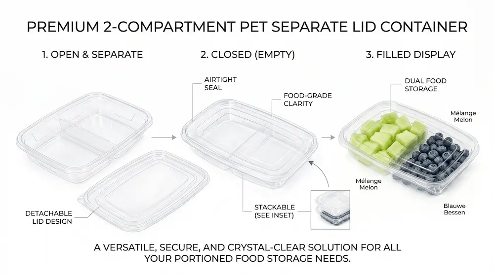 Product introduction diagram for 27OZ 800ML Clear Two-Compartment PET Separate Lid Container