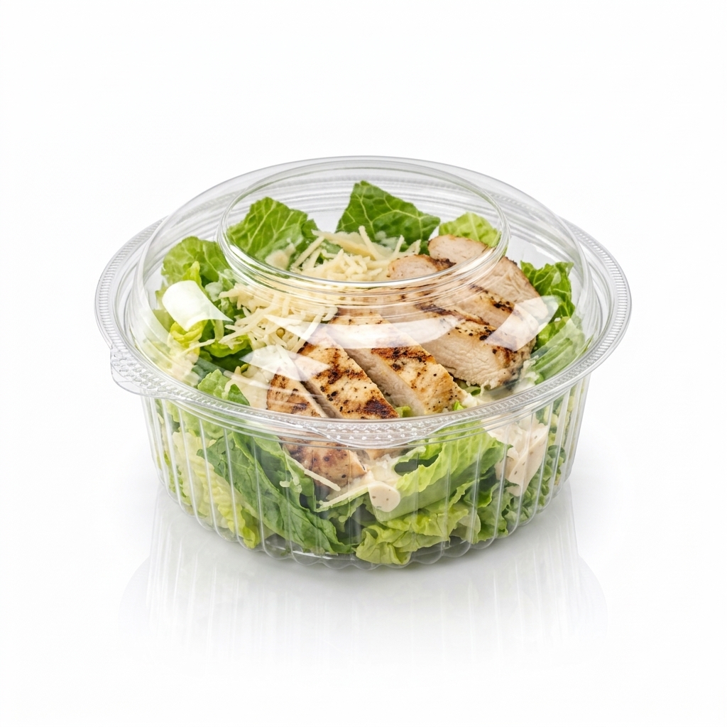 27oz Clear PET Salad Bowl with Hinged Lid Caesar Salad Close Up Presentation