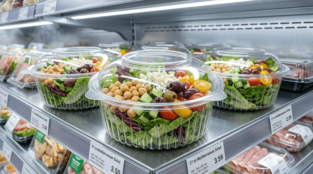27oz clear PET hinged salad bowl for Mediterranean salad retail packaging