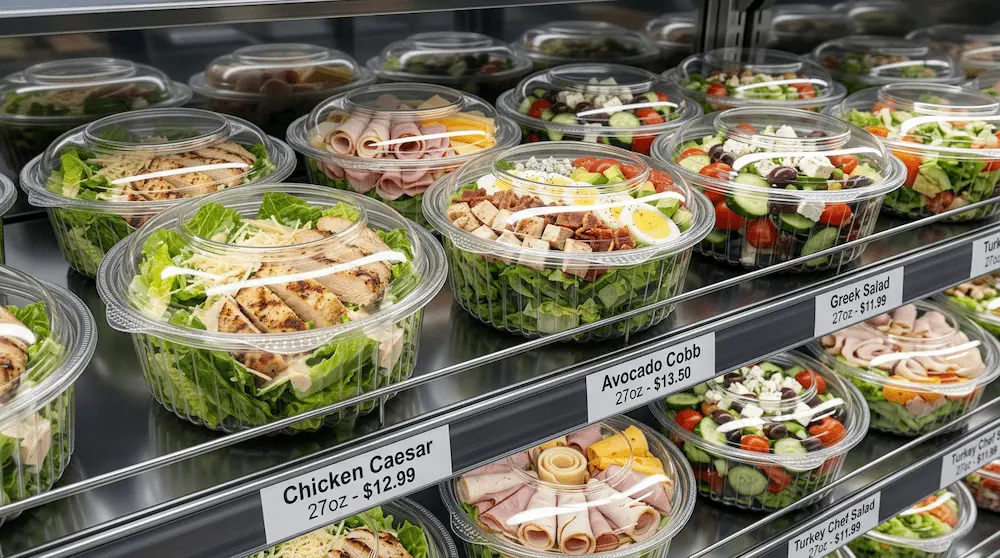 27oz clear PET salad bowls with hinged lids for supermarket deli salads