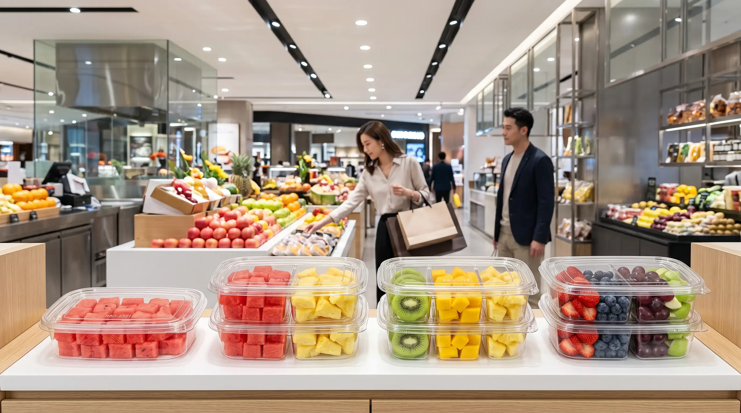 Clear RPET PET snack containers for apple slices and grapes in convenience store refrigerated shelf