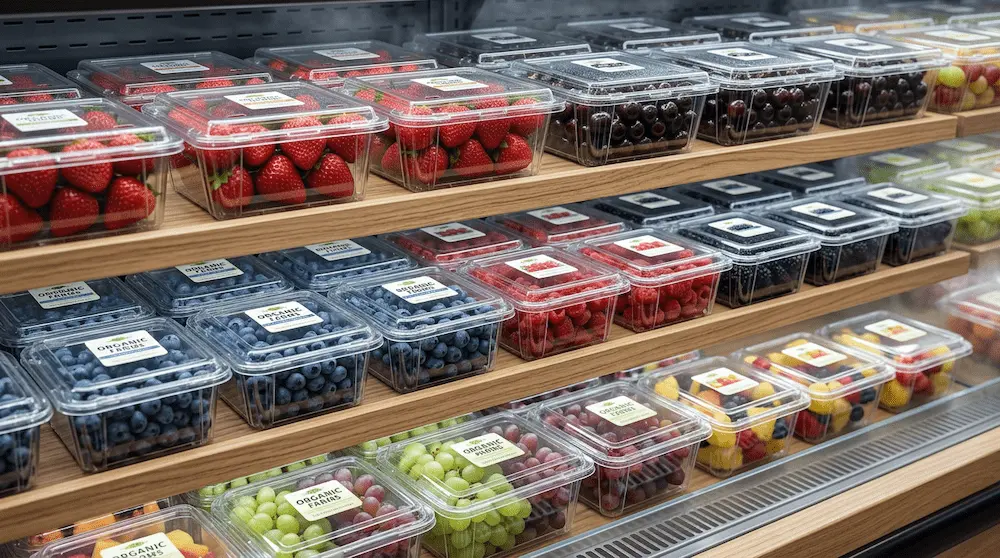 2LB clear vented berry clamshell containers for organic strawberries, blueberries, raspberries, grapes, and premium grocery display