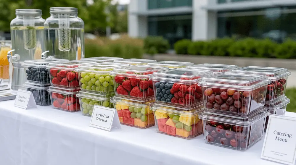 2LB clear vented fruit clamshell containers for berries, grapes, melon, and catering fruit station presentation