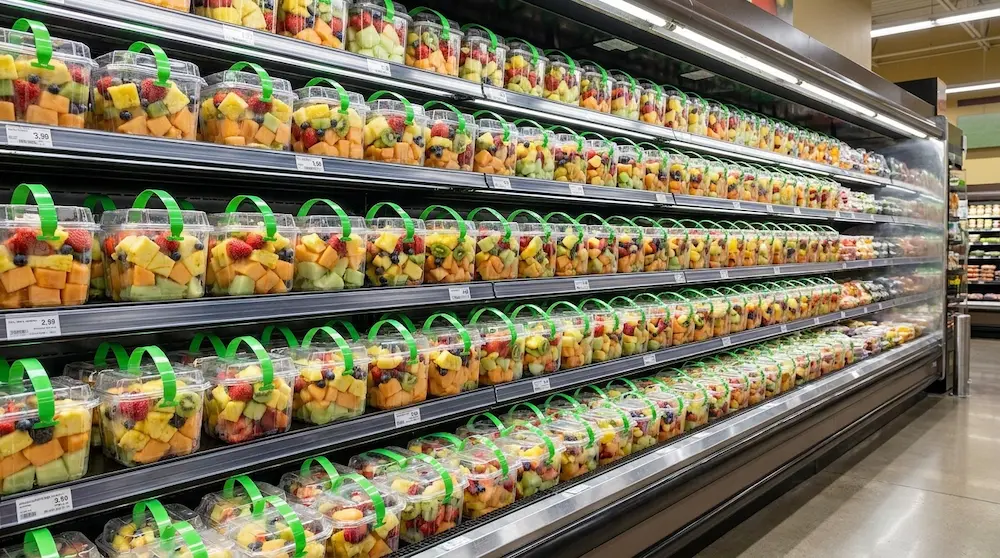 2LB PET fresh-cut fruit containers displayed on large chilled supermarket fruit wall