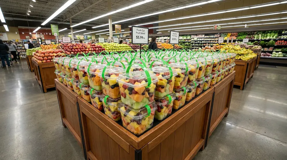 2LB PET fresh-cut fruit containers arranged on upscale supermarket produce island