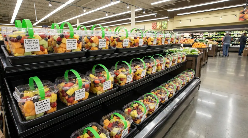 2LB PET large capacity fresh-cut fruit container with green handle in retail-ready supermarket display