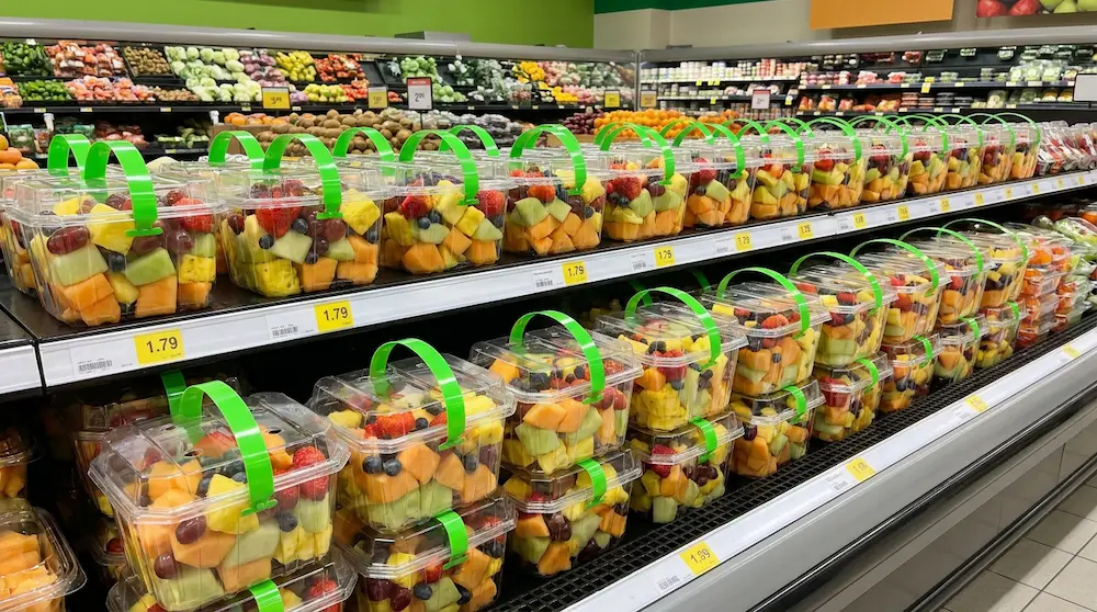 2LB PET large capacity fruit containers in European supermarket fresh produce shelf