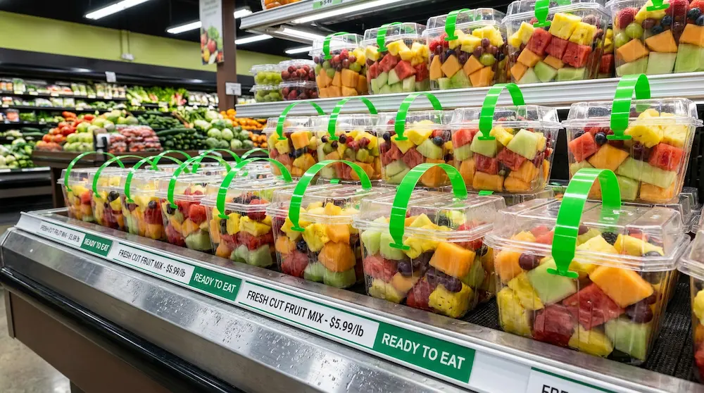 2LB PET large capacity fresh-cut fruit container in supermarket grab-and-go section
