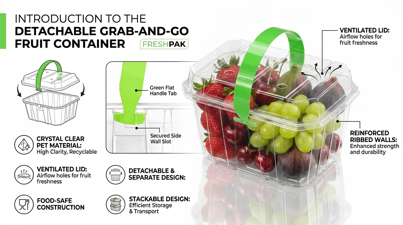 Feature showcase of 2LB Vented Berry Clamshell Container with detachable design, ventilation, and carry handle