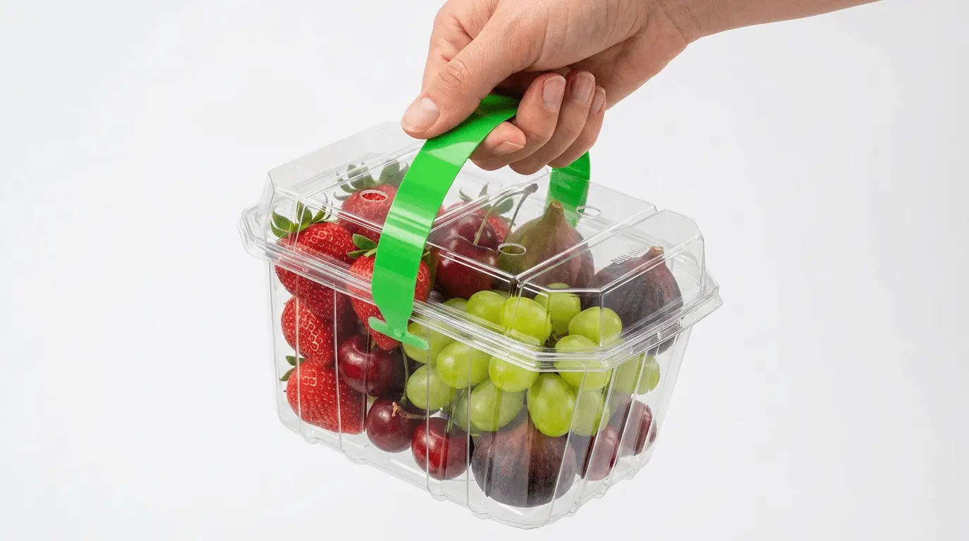 Hand carrying 2LB Vented Berry Clamshell Container with green handle and assorted fresh fruit
