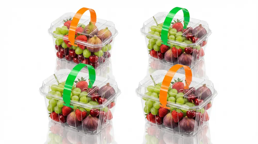 Group image of 2LB Vented Berry Clamshell Containers with green and orange handles