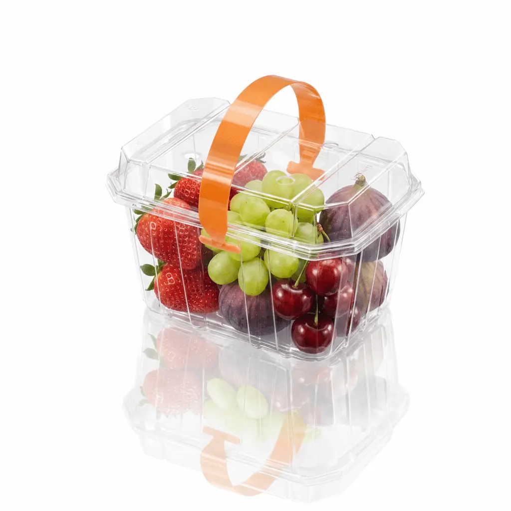 2LB Vented Berry Clamshell Container with orange handle for strawberries, grapes, cherries, and figs