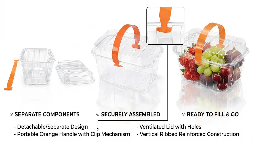 Structure guide of 2LB Vented Berry Clamshell Container with detachable handle and ventilated lid