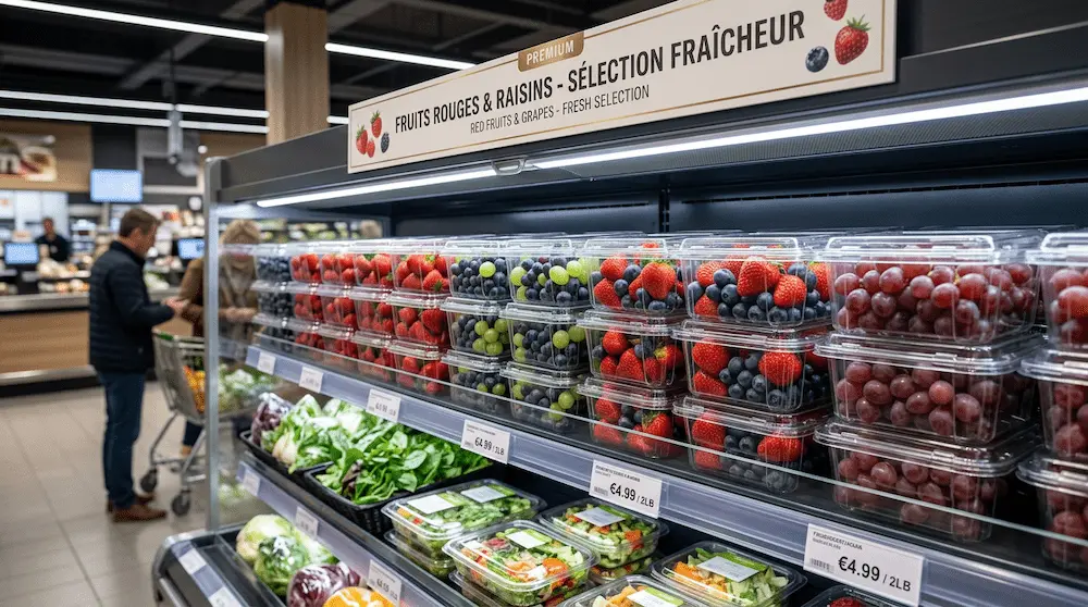 2LB vented berry clamshell containers for strawberries, blueberries, grapes, and fresh produce in a European supermarket display